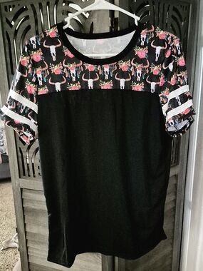 Black Tee with Floral Longhorn Print